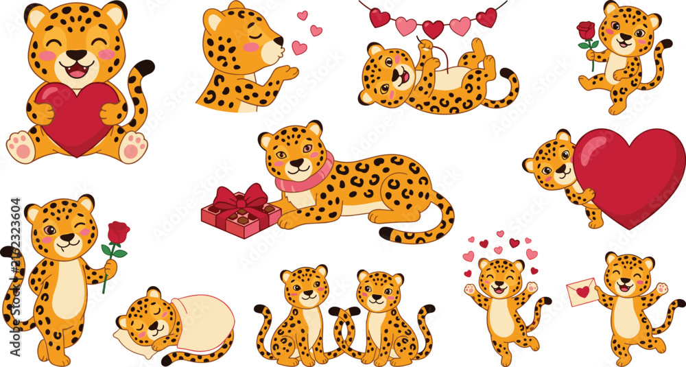 Obraz premium Cute Leopard Valentine Day Vector Set with Adorable Cartoon Cheetah Characters Holding Hearts Roses and Gift Boxes for Romantic Greeting Cards and Children Prints