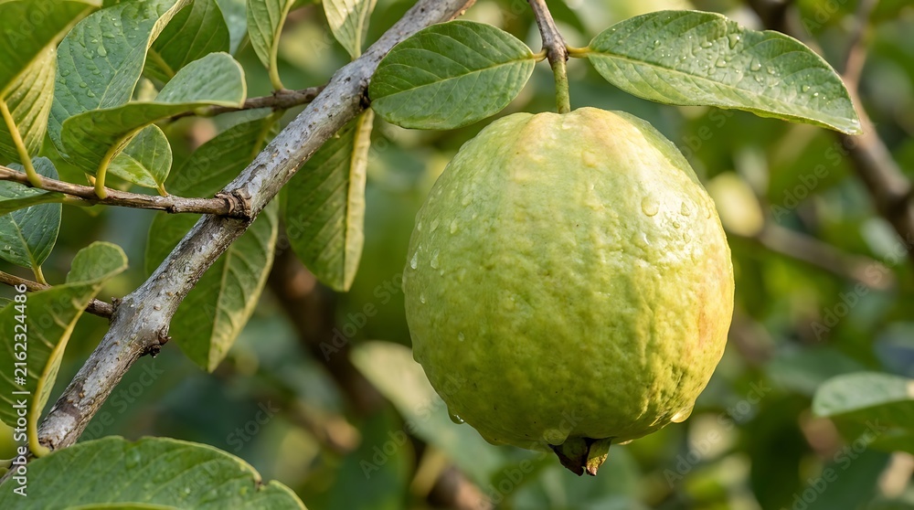 Fototapeta premium Green Guava Fruit Ripening on a Tree Branch yellow