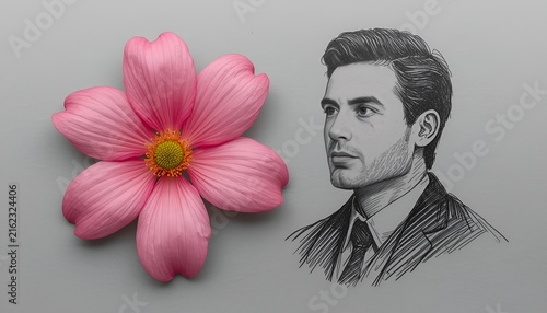 Pink Flower Composition with Hand Drawn Male Figures on Gray Background, Creative Botanical and Artistic Concept