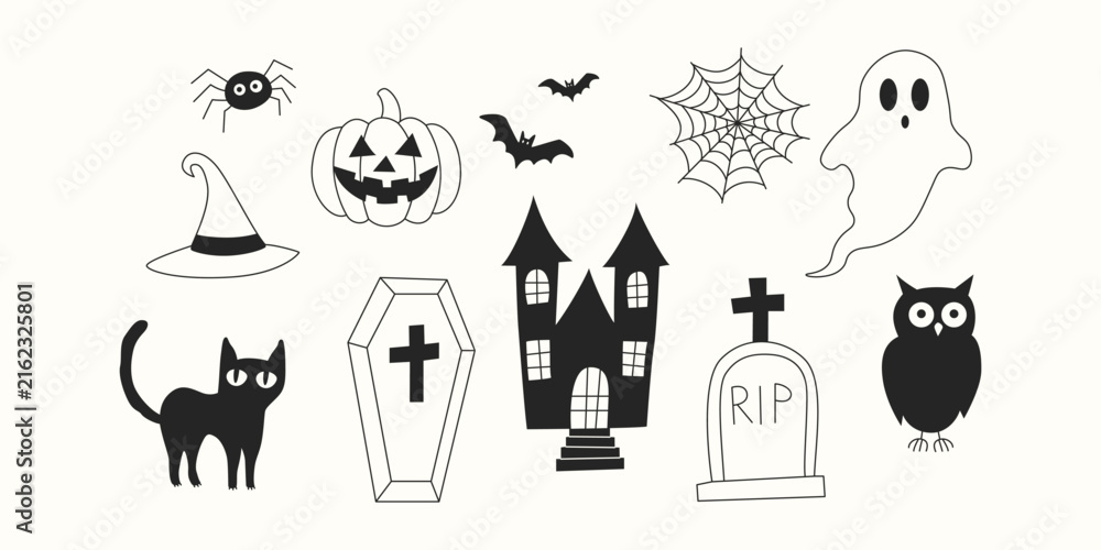 Obraz premium Halloween Doodle Set with Spooky Icons, Haunted House, Pumpkin, Ghost, Spider, Bat and Black Cat