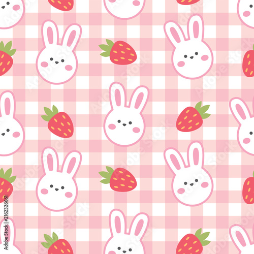 Checkered pattern with cute rabbits and strawberries