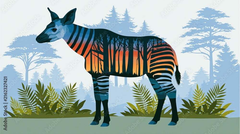 Naklejka premium Stylized illustration of an okapi with zebra patterns and forests inside its body silhouette