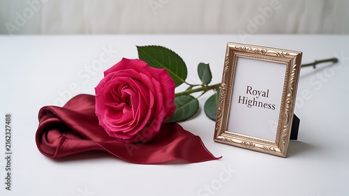 A vibrant pink rose with lush green leaves rests beside a small, ornate golden picture frame displaying the words 