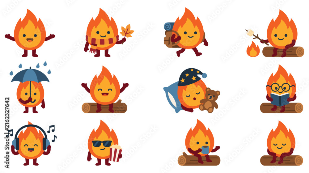 Obraz premium Fire character stickers set with cute camping activities.