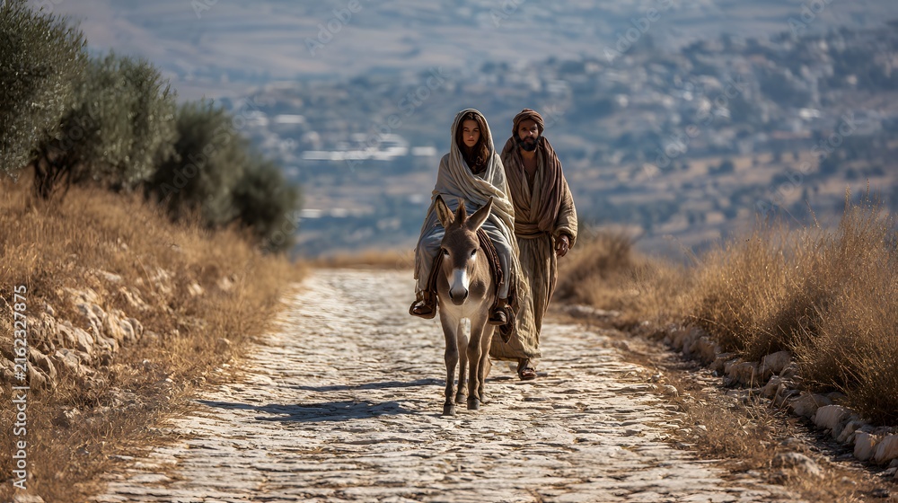 Fototapeta premium Mary and joseph traveling on a donkey along a stone path in a biblical landscape