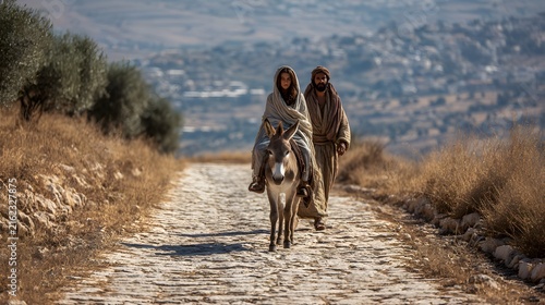 Mary and joseph traveling on a donkey along a stone path in a biblical landscape