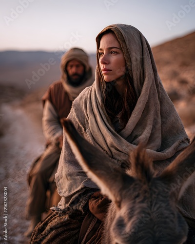 Mary and joseph traveling through the desert on a donkey