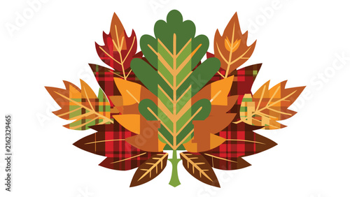 Editorial autumn foliage composition plaid pattern vector illustration with seasonal decoration colorful woodland thanksgiving november september checkered vector illustration