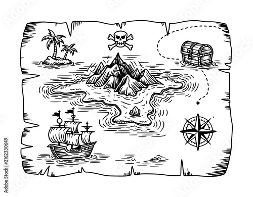 Hand-drawn vintage pirate treasure map featuring an island, a ship, a compass, and a treasure chest