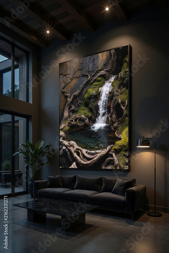 Artwork of a waterfall on display in a modern living room with dark lighting and a cozy atmosphere