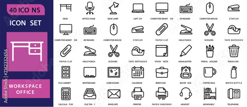 Foto Office workspace and stationery vector icon set collection with workspace