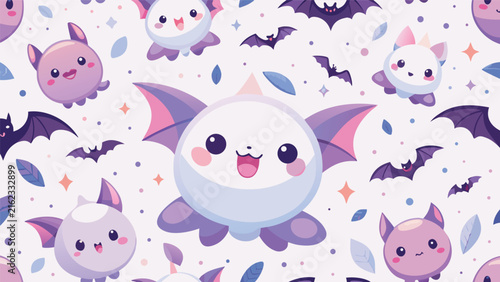 Editorial cute kawaii bat pattern vector illustration with halloween seamless background creature celebration wallpaper decoration illustration elements vector illustration