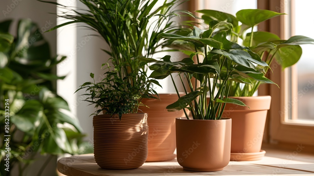 Fototapeta premium Terracotta pots with lush green plants arranged on a wooden surface near a bright window with soft natural light