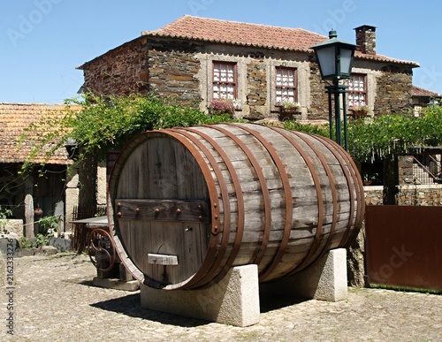Wooden wine barrel representing Portuguese tradition in the village of Quintadona, Portugal - Norte