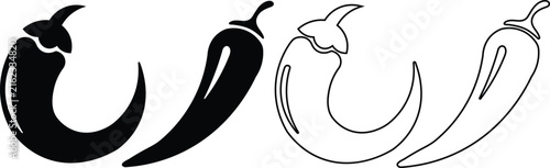 Chili pepper silhouette and outline icons for spicy food menu levels