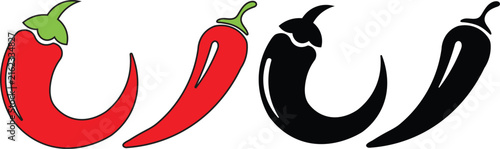 Red chili pepper and black silhouette icons for restaurant menu design