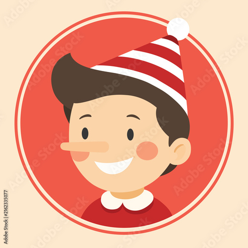 Cheerful cartoon illustration of Pinocchio wearing a red and white striped hat, smiling with his iconic long nose and playful expression, framed inside a bold red circular background. Colorful childre