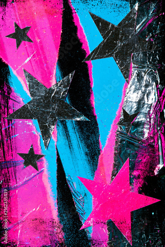 Y2k glossy retail collage with fluorescent paper, silver stars and rebellious fashion style