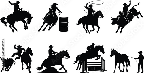 Bild auf Leinwand Western Rodeo Cowboy Silhouette Collection with Horse Riding Bull Riding and Ran