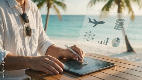 Summer Beach Resort Data Analyst Examining Airline Industry Datasets with Large Information Overlay