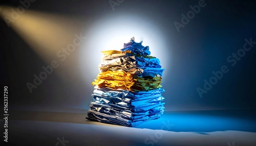 Fototapeta Disorganized Colorful Paper Stack Backlit
