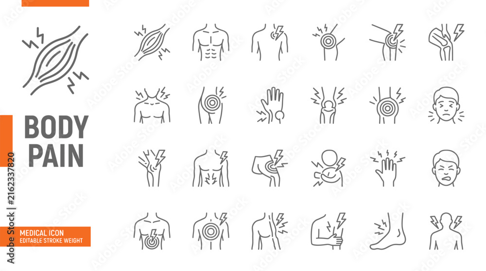 Fototapeta premium Set of body pain icons, including muscle ache, joint pain, back pain, headache, and injury symbols line style medical icons for healthcare, clinic, and wellness
