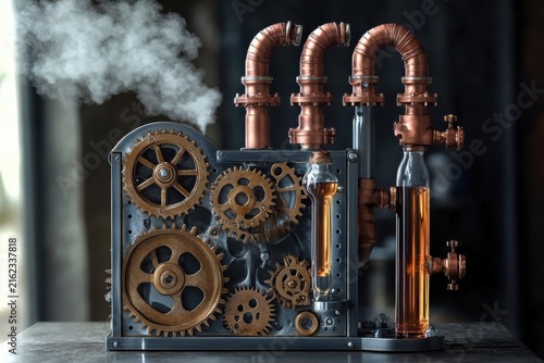 A steampunk style syrup dispenser with brass gears pipes and glass bottles emitting steam