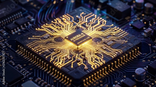 Obraz na płótnie High Tech Computer Processor Chip with Glowing Golden Circuits.