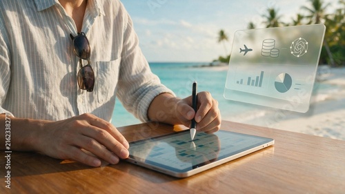 Open-Air Summer Café AI Developer Analyzing Airline Financial Data with Visual Overlay