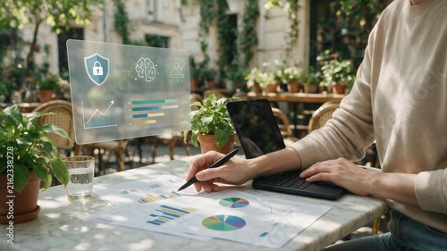 Open-Air Summer Café AI Developer Analyzing Airline Financial Data with Visual Overlay