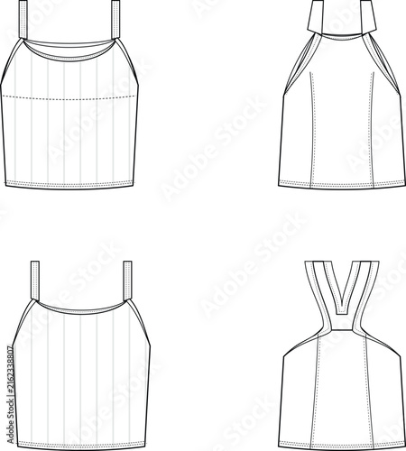 Photography Technical fashion sketches of camisole tops with varied straps, necklines, and f