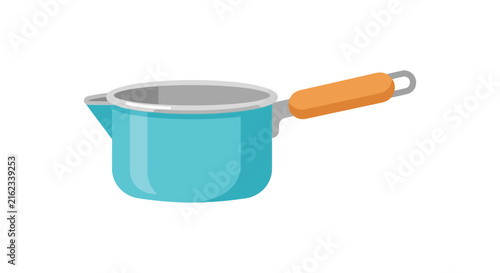 Turquoise saucepan with orange handle rests against a white background