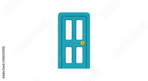 Turquoise door with two panels and a yellow knob is a flat vector illustration