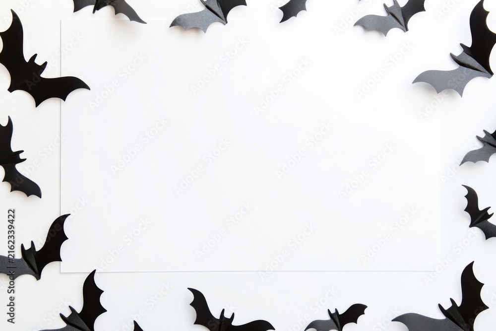 Fototapeta premium Spooky halloween background with black bats silhouettes flying in colorful mystic smoke sky