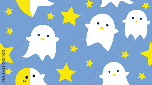 Editorial cute ghost and yellow stars pattern vector illustration with background halloween seamless wallpaper illustration childish friendly celebration vector illustration