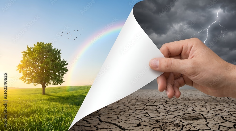 Fototapeta premium Ecological transition and sustainable paradigm shift where a hand peels away a stormy drought landscape to uncover a thriving green natural habitat.