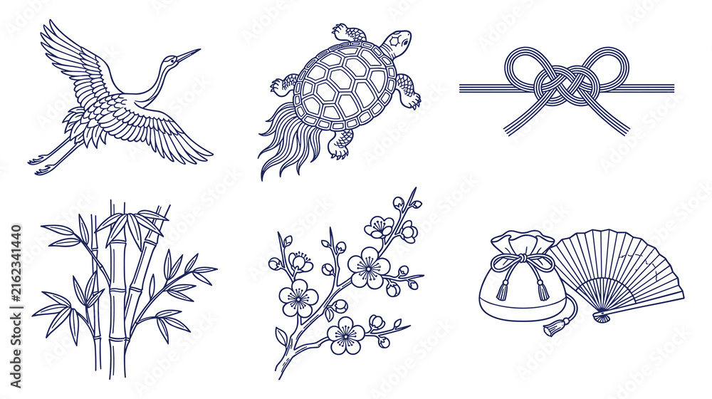 Naklejka premium Japanese traditional symbols line art crane turtle knot bamboo.