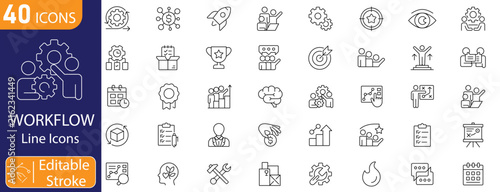 Workflow icons set. Includes process flow, task management, automation, project coordination, approval steps, productivity, business processes, and workflow optimization symbols. Editable stroke. 