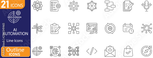 AI Automation icons set. Includes artificial intelligence, workflow automation, smart systems, robotic process automation, AI assistants and automated business solutions symbols. Editable stroke. 