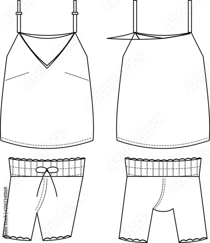 Foto Women's camisole and shorts technical fashion flat sketch, front and back views