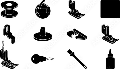 Obraz na płótnie Sewing machine parts icon set with presser foot bobbin threader and accessories