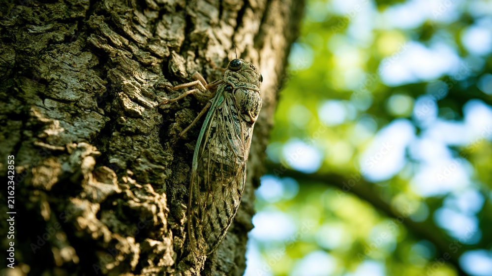 Obraz premium Cicada on plane tree bark in summer with slightly raised wings, macro focus on body, natural green bokeh