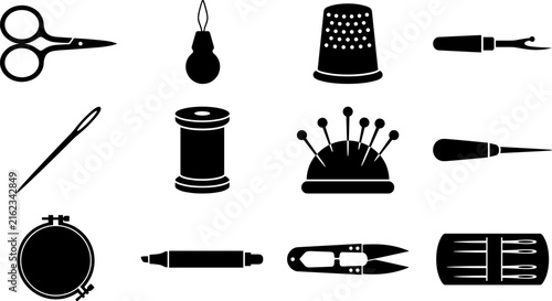 Принти на полотні Sewing tools icon set with thread needle scissors thimble and tailoring equipmen