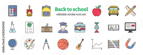Vector back to school icon set with editable stroke and color fill. Education linear collection with backpack, school bus, book, pencil, globe, student and science items isolated on white background.