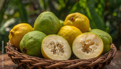 Fresh green and yellow guava fruits arranged in a traditional woven basket, showcasing ripe tropical produce in a natural outdoor setting with soft warm sunlight.