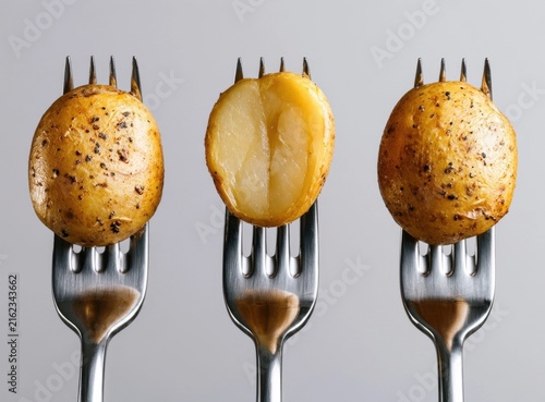 Three roasted potatoes each impaled on a silver fork stand upright against a