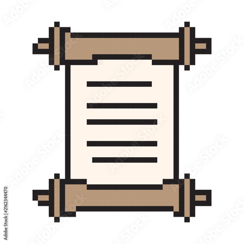 Pixel art icon of an ancient unrolled scroll with text lines. Retro 8-bit style vector illustration of a vintage manuscript or diploma isolated on white background.