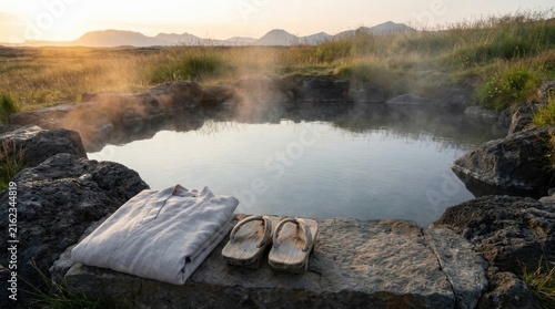 Natural Hot Spring Pool With Towel and Sandals at Sunset