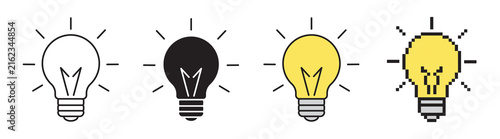 Idea lightbulb icon set in line art with editable stroke, solid glyph, color and pixel art style, isolated on white background.