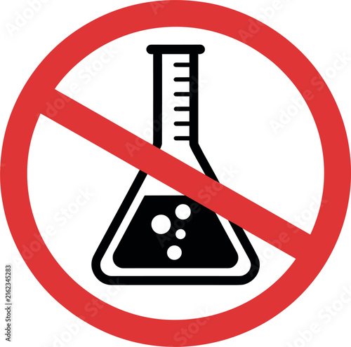 Chemical free vector icon, no artificial additives prohibition sign, organic laboratory flask warning label design template